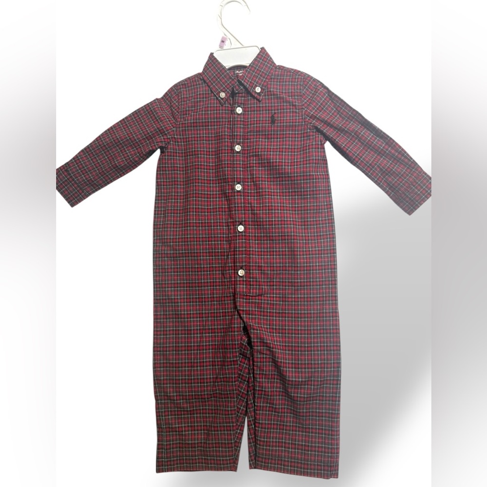 Ralph Lauren Baby Boy 9 Months Red Black Plaid Romper Jumpsuit ‎ Christmas’s
